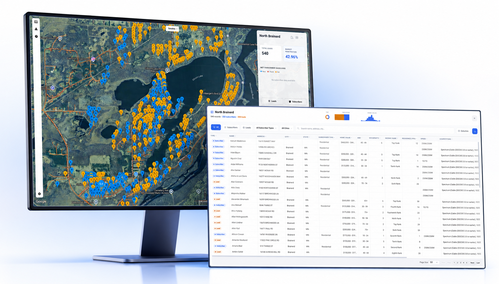 Fiberlytix market map and address-level audience table shown on desktop screens