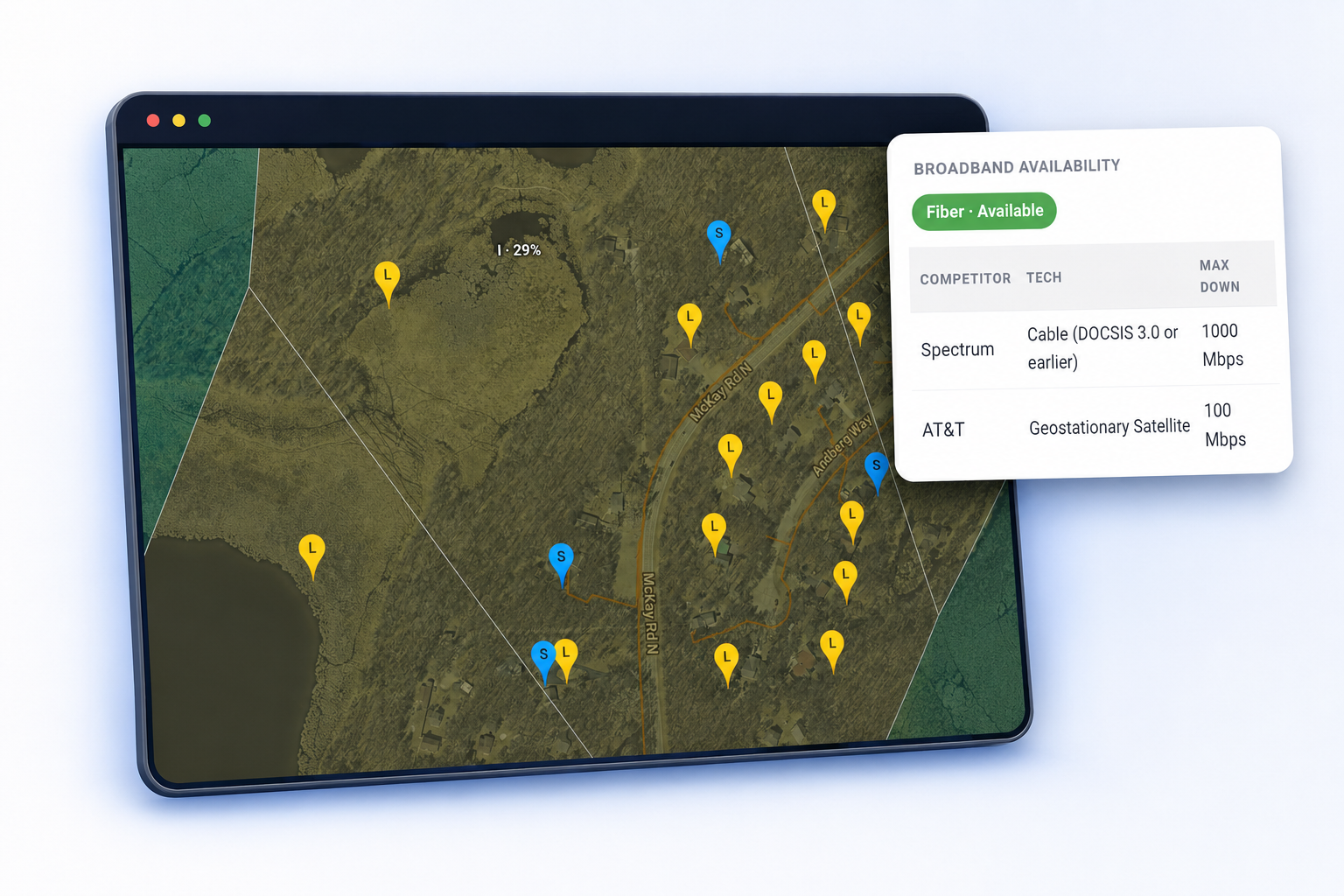 Fiberlytix broadband availability map with address markers and competitor details